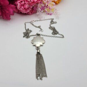 Initials HBF Engraved Quatrefoil Tassel Necklace Silver Tone 35” Adjustable